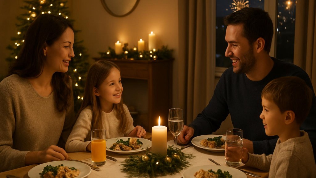 Famiglia con bambini in ambiente accogliente per Capodanno